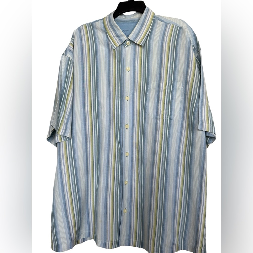 Tommy Bahama Men’s Sz XXL Silk/Linen Blue Green Short Sleeve Striped Shirt